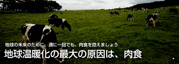 地球の未来のために、週に一回でも、肉食を控えましょう　地球温暖化の最大の原因は、肉食